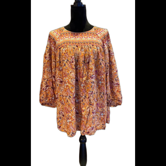 Cato Boho Blouse Plus Size 14 16 Top Orange Pink Peasant Hippie Top 3/4 Sleeve - Picture 1 of 10